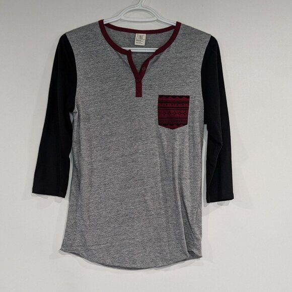 *3/$10* Zine 3/4 Sleeve Baseball Raglan Tee Grey Black Burgundy Size Medium - Picture 1 of 4